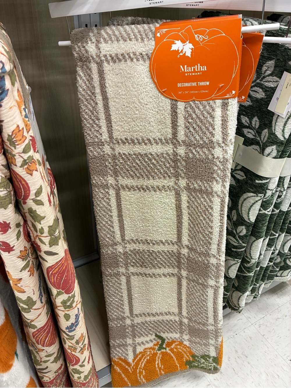 Martha Stewart Cream & Taupe Plaid Throw with Orange Pumpkin Accent
